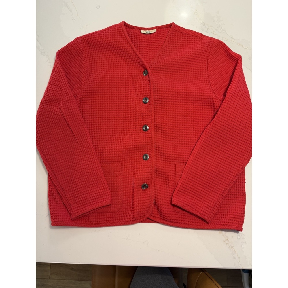 TravelSmith Women's Cardigan Red Medium Waffle Knit Button V-Neck EUC